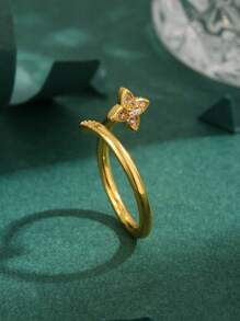 1pc High Quality European & American Cubic Zirconia Copper 18K Gold Plated Four-Leaf Clover Nail Star Ring, Women's Gift, Everyday Wear - Yellow Gold - View 1