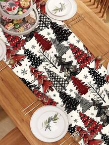 1pc 35*180cm/13.78*70.87inch Christmas Tree Pattern Table Runner, Suitable For Family Gatherings, Christmas Parties, Dining Table Center Decor, Red Black White Color, Dining Table, Dessert Area Decorative Fabric. - Christmas - View 7