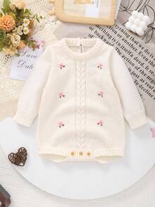 Baby Girls' Daily Casual White Knitted Floral Embroidered Crew Neck Long Sleeve Bodysuit, Suitable For Autumn/Winter Outdoor Or Indoor Wear - Beige - View 1