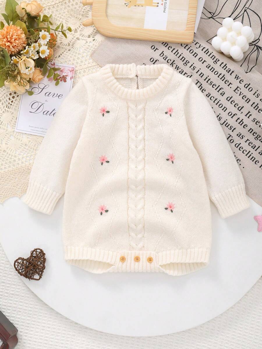 Baby Girls' Daily Casual White Knitted Floral Embroidered Crew Neck Long Sleeve Bodysuit, Suitable For Autumn/Winter Outdoor Or Indoor Wear - Beige - View 1