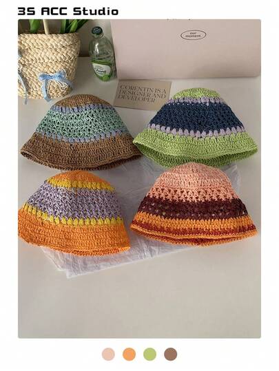 1 件女士手工编织镂空草帽，夏季防晒海滩度假遮阳帽，透气渔夫帽，修饰脸型