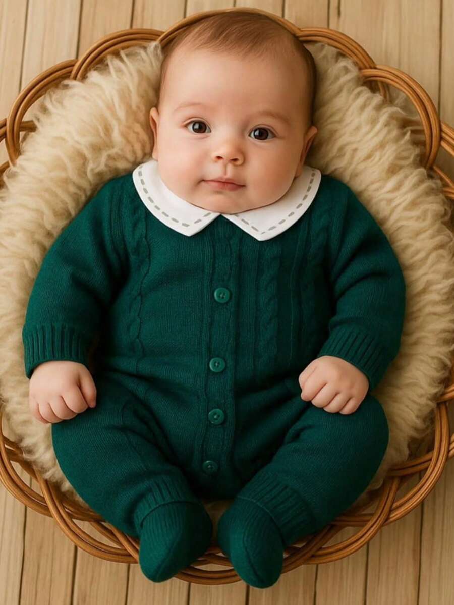 Maternity Leave Knitted Baby Jumpsuit - Dark Green - View 1