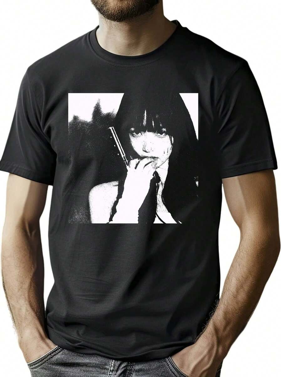 Front Women's Face Pattern Print Round Collar Short Sleeve T-Shirt Top Comfort Breathable Fabric Leisure Sports Style Men's 100% Cotton Street Wear T-Shirt (Choose A Larger Size To Get A Loose Effect)