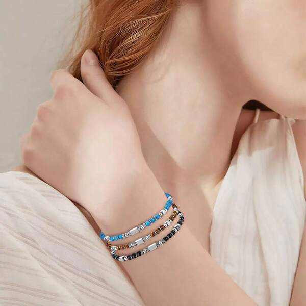 1pc Fashionable Tiger Eye & Turquoise Beaded Adjustable Braided Bracelet, Suitable For Women's Daily Wear