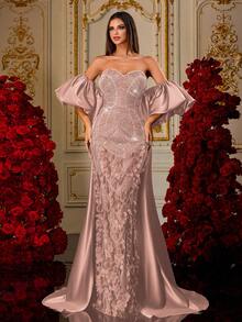 Đầm dạ hội sang trọng kiểu đuôi cá màu xanh ô liu, đính cườm 3D hình cánh hoa, tay phồng, chất liệu satin, thích hợp cho đám cưới, tiệc mùa xuân, không dây vai. - Hồng - Xem 3