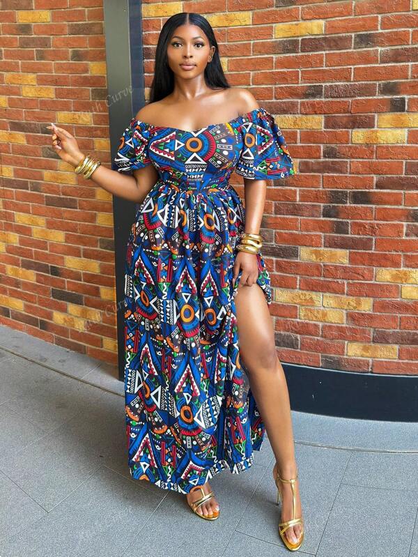 Plus Size Women's Fashionable African Style Colorful Print Sexy National Off-Shoulder Split Dress