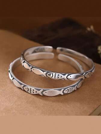 1pc Of Vintage Elegant Silver Fish Shaped Design Open Bracelet, Suitable For Casual Wear And Gifts, All Season Jewelry