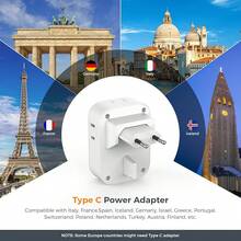 Adaptador de Viaje Universal para Europa: Con 3 Puertos USB (1 Tipo C) y 4 Salidas de CA, Ideal para Viajar de América/México a Italia y España - Blanco y Gris - Ver 9