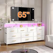 55-Inch Wide Dresser With 10 Fabric Drawers, TV Stand With LED Lights & Power Outlets - Metal Frame Large Dresser For Bedroom, Ivory White - Xem 3