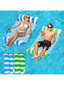 1 Peça Espreguiçadeira Inflável Listrada Dobrável de 4 Tubos com Rede, Rede Inflável, Flutuador de Piscina
