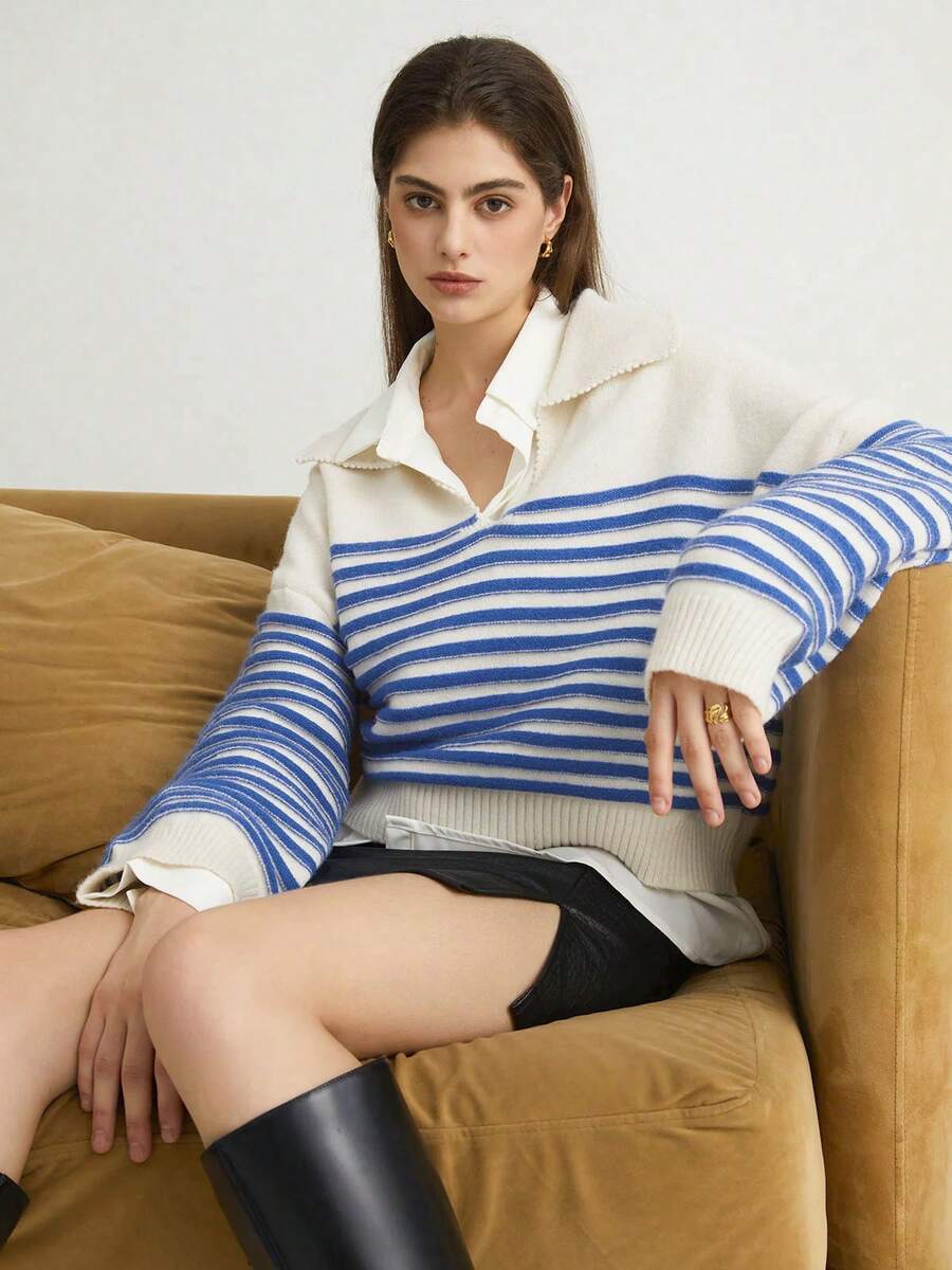 Women's Autumn/Winter Polo Collar Half-Zip Striped Pullover Sweater, Elegant Casual Style, Suitable For College, Street, Back To School Party, Travel, Tea Party, Airport Outfit, Spring/Autumn