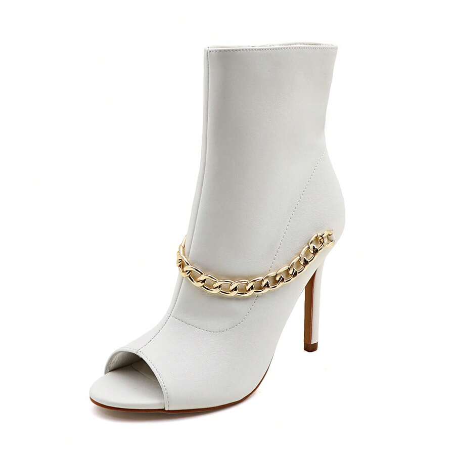 Women's Peep Toe Ankle Boots, Gold Chain Detail, High Heel: Stylish Design, Non-Slip Rubber Sole, Latex Insole For Comfort, Perfect For Shopping, Parties, And Casual Outings  Fashionable    Polyester - 白色 - 查看 1