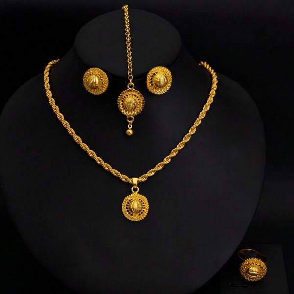 Conjunto de joias clássicas - colar com pingente de olho, brincos, anel, corrente de cabeça, adequado para uso diário feminino, presente para festa de casamento de noiva africana saudita