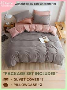 3件套简约90GSM涤纶纯色羽绒被套和枕套，浅灰色和米色