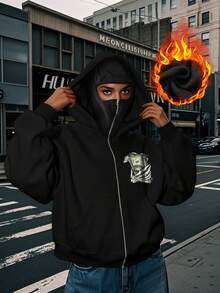 女款秋季开学双连帽骷髅手拿硬币字母图案印花开衫卫衣女士时尚街通用硬币印花双连帽开衫 - 黑色 - 查看 9