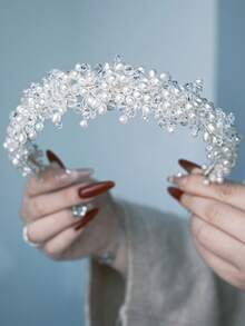 1件手工珍珠水晶串珠发箍，适合婚礼、日常佩戴及其他场合。 - 銀色 - 查看 2