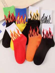 5 Pairs Unisex Colorblock Flame Pattern Mid-Calf Socks, Creative & Fashionable Sports Socks, Versatile For Daily Wear, All Seasons, Fall Socks