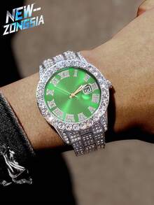 5 Pcs Hip Hop Gift Watch+Cross Pendant Necklace+Bracelet Creative Iced Out Miami Link Chain Jewelry Set For Men And Women - Green - View 9