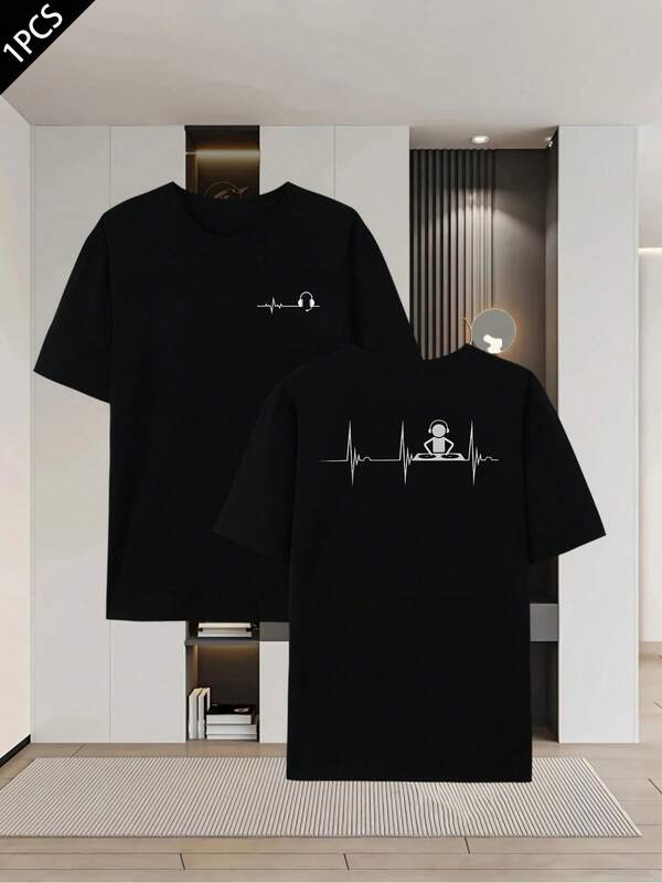 DJ Heartbeat Music-T-Shirt , Herren-T-Shirt Mit Beidseitigem Aufdruck, Modisch, L?Ssig, Rundhalsausschnitt, 220 G/M2, Reine Baumwolle (1 Stück)