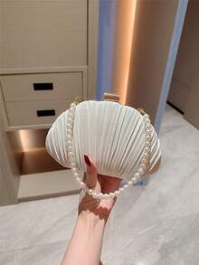 1pc Elegant Pleated Box Design Clutch Bag, Faux Pearl Decor, Formal Handbag For Wedding, Party, Prom, Evening Dress, Chain Strap Square Bag - White - View 5