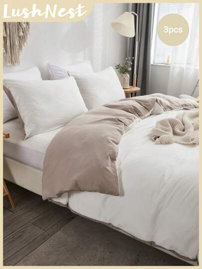 Reversible White & Camel Duvet Cover Set 3 Pieces - Shabby Chic Plain Comforter Cover | Soft Microfiber Bedding For Boys & Girls, School Dorm, Aesthetic Minimalist Decor