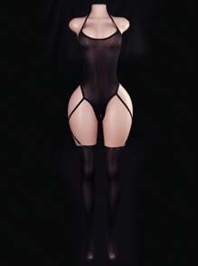 Wet Look Roleplay Bodysuit: Easy-Access, See-Through - Includes Long Sheer Stockings - 黑色 - 查看 2