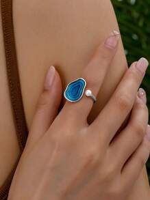 1 件时尚优雅的绿色滴釉不对称几何开口戒指，女士日常和节日配饰