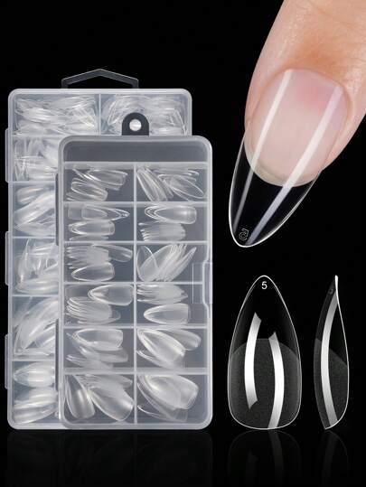 120/600 Long Almond Nail Tips Soft Gel Transparent Gel Nail Tips Semi-Matte Full Coverage Nail Tips Acrylic Pre-Pressed False Nail Tips Nail Lengthening Home DIY Nail Press Nail Products Nails Nail Supplies