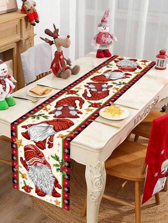 1 Stück 35*180cm Weihnachtstischläufer, süßes Weihnachtsmann-Zwerg Muster mit rot-schwarzem Karomuster Rand, geeignet für moderne minimalistische Heimdekoration, Feiertags-Festtags-Tisch- und Kaffeetisch-Stoffdekoration, Weihnachts-Tischmittelpunkt.