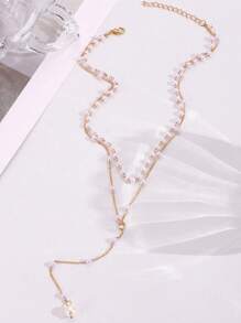 1-Piece Fashion Simple And Elegant Style Faux Pearl Y-Shaped Multi-Layer Necklace Set, Suitable For Ladies' Vacations, Parties, Dinners, Photography And Daily Matching