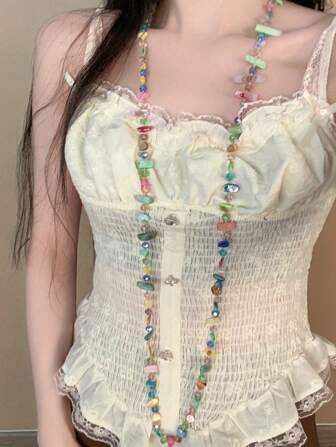 1pc Vintage Versatile Handmade Natural Shell & Crystal Beaded Long Necklace, Layered Wear With Sweater