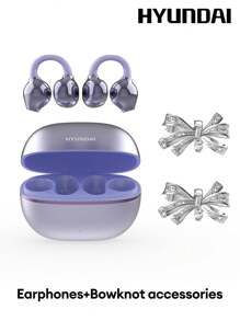HYUNDAI 现代 EarclipC7 时尚蓝牙耳机，带蝴蝶结耳机配件，夹式耳机，适合运动、音乐、游戏，低延迟，电池寿命长，高清通话带麦克风，IP45 防水，佩戴舒适，无穿孔耳环，时尚配饰，送给女性的礼物