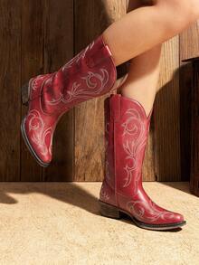 Women's Mid Calf Cowgirl Boots Cowboy Boots Pointed Toe Fashion Slip-On Chunky Heel Embroidery Stitched Western Red Boots For Festival Party Shoes - 紅色 - 查看 3