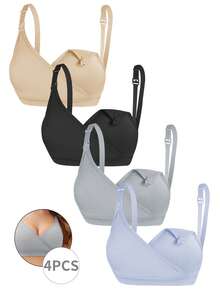 Seamless Design 4-Piece Maternity Nursing Bra (4 Colors: Black, Gray, Blue, Light Peach), Top-Fastening Comfortable Breastfeeding Bra, High Support, Full-Cup Design, Machine Washable, Durable Structure, Breathable Fabric, Suitable For Pregnancy And Breastfeeding, Breastfeeding Apparel, Elegant Underwear, Specially For New Mothers, Postpartum Care. - WHLX - 查看 1