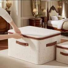 1pc Linen Fabric Storage Box With Zipper Lid, Foldable & Washable Closet Organizer Container - Beige - View 4