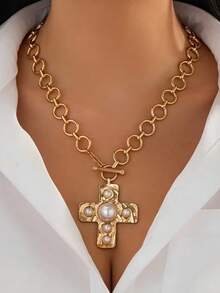 Hammered Bold Cross Necklace Thick Chain Set For Women Men Chunky Golden Silvery Statement Pendant Necklace Vintage Chain Pendant Jewelry - Silver - View 2