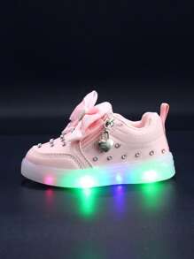 MGO Kidss MGO Kids 2025春秋新款蝴蝶结水钻闪粉发光公主鞋平底学生鞋1-6岁儿童休闲鞋运动鞋发光鞋