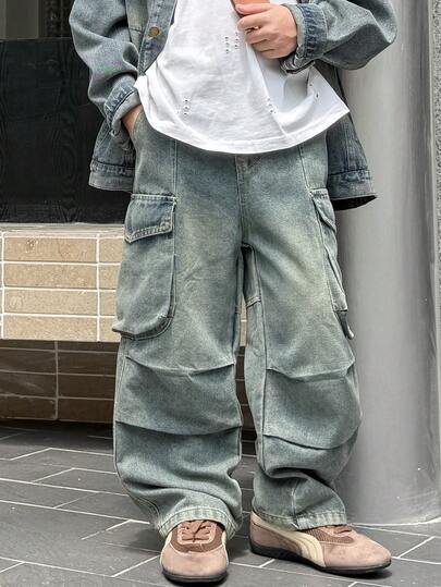 Boys' Loose Fit Casual Cargo Jeans Pants, Suitable For Daily, School, Outdoor Wear, Autumn