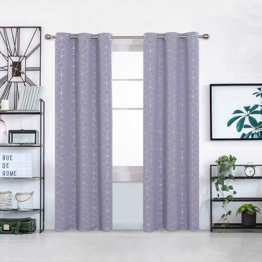 2 Pcs Blackout Curtains For Bedroom & Living Room - Diamond Foil Print, Grommet Top, Thermal Insulated & Room Darkening (Blocks Sun, Saves Energy) - Light Purple - 查看 1