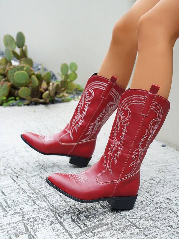 Fall/Winter Women's Fashion Embroidered Retro Western Cowgirl Boots, Chunky Heel, Slip-On,Boots For Women