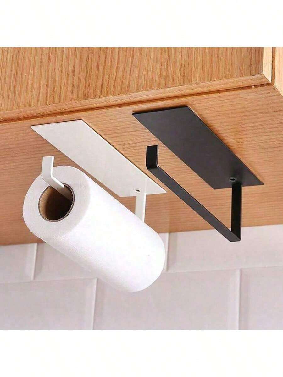 1pc Hanging Paper Towel Holder, Kitchen Cabinet Cupboard Under Shelf Storage Paper Towel Roll Holder Dispenser, Free Punching Wrought Iron Napkins Plastic Wrap Rag Cling Film Storage Rack, Home Kitchen Supplies