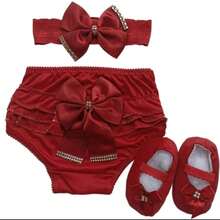Kit Calcinha Bunda Rica Babado Bebê Menina Tapa Fralda Infantil  com Tiara e Sapatinho Luxo com Laço Strass - bordô - Visão 3