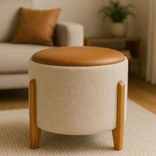 Round Decorative Star Pouf With Solid Wood Feet In Various Colors - Beige/Caramel - View 2