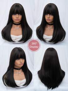 一体式合成耐热假发，带刘海，黑棕色直发假发，22 英寸长，全机器编织，自然逼真的假发，适合日常使用