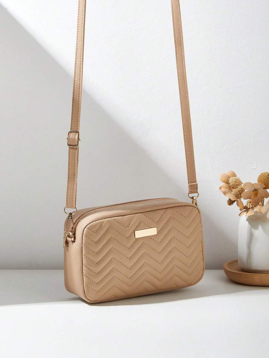 Fashionable Casual Girl's Crossbody Bag, With Detachable Woven Strap, Comfortable Texture, Embroidered Wavy Pattern, Exquisite Decoration, Classic Design, Niche & Versatile - Khaki - View 1