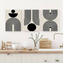 3pcs Black Abstract Wall Art With Geometric Minimalist Sun Lines Painting, Creative Canvas Poster, Waterproof Canvas Wall Art For Gifts, Bedroom And Living Room Wall Decor, Home And Dormitory Decoration
