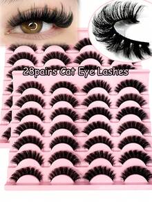 LYBCG 28pairs Cat Eye Eyelashes 3D Natural False Lashes D Curl Fluffy Soft Cross Manga Lashes Wispy Natural Eyelash Halloween Extension Makeup For Cosplay Manga Cat False Lashes - 黑色 - 查看 1
