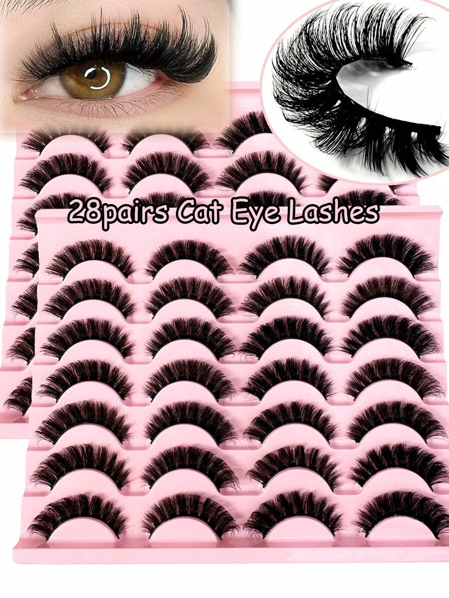 LYBCG 28pairs Cat Eye Eyelashes 3D Natural False Lashes D Curl Fluffy Soft Cross Manga Lashes Wispy Natural Eyelash Halloween Extension Makeup For Cosplay Manga Cat False Lashes - 黑色 - 查看 1