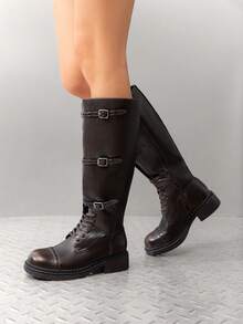 Women's Motorcycle Boots Side Zipper Knee High Boots Square Toe Chunky Low Heel Buckle Decorated Straps Fashion Retro Riding Boots - 巧克力棕 - 查看 8