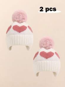 2 Peças Gorro de Bebê Menino e Menina Recém-Nascido e Bebê, Gorro de Lã Aconchegante e Quente de Inverno com Pompom em Formato de Coração, Boné Fofo para Crianças, Acessórios para Uso Externo - 1PC - Visão 11